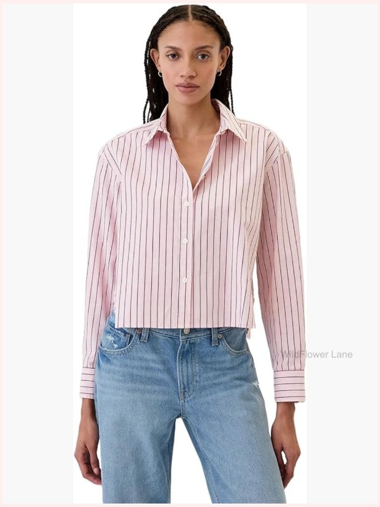 Cropped Poplin Button Down - Regular Fit Crew Neck Short Sleeve Striped Top